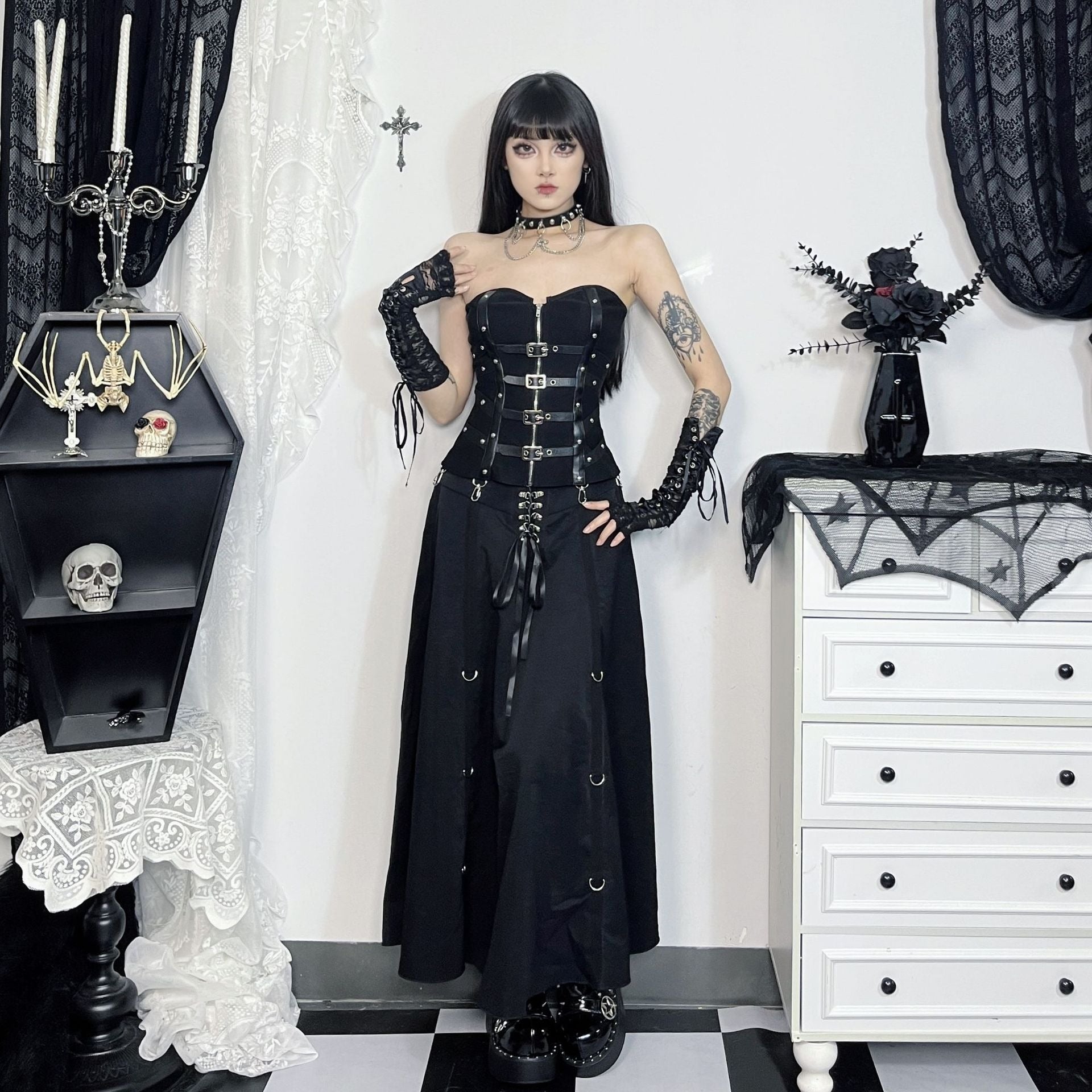 Elegant Black High Waist A-Line Swing Skirt